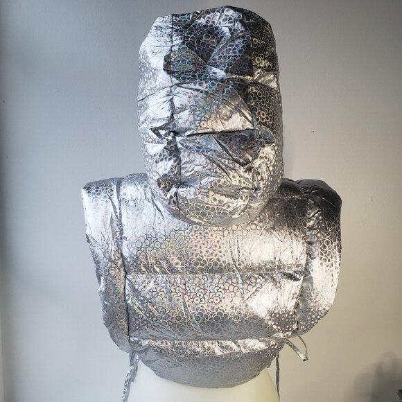 Silver Shine Holographic Crop Puffer Vest Rave Gem Y2K Style Zip + Side Strings - Picture 4 of 12